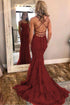 Burgundy Spaghetti Strap Mermaid Stunning Prom Dresses with Lace Appliques GJS327